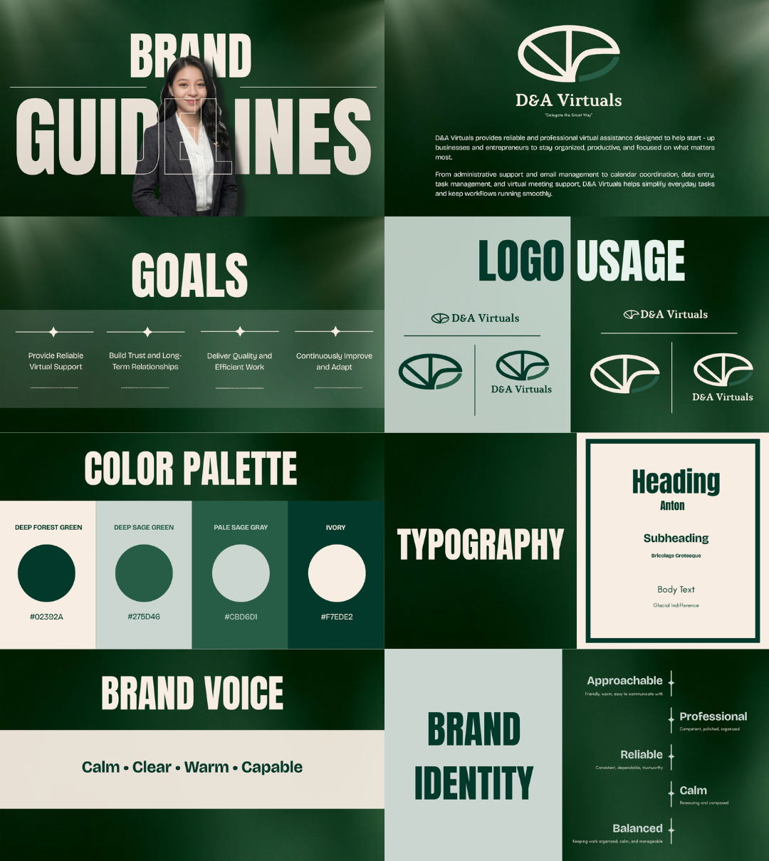 D&A Virtuals green branding guidelines with logo usage, color palette, typography, brand voice, and identity