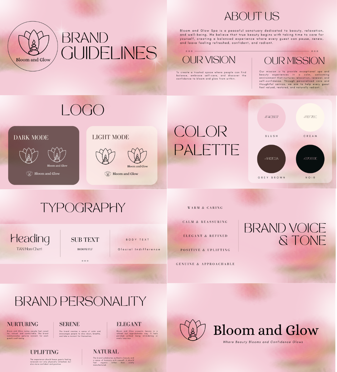 Bloom and Glow pink branding guidelines with logo, color palette, typography, brand voice, and personality
