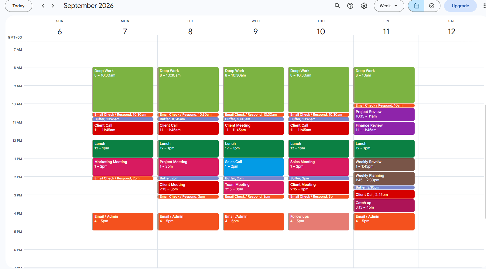 Reorganized weekly calendar after time blocking, with protected focus time, buffers, and grouped tasks