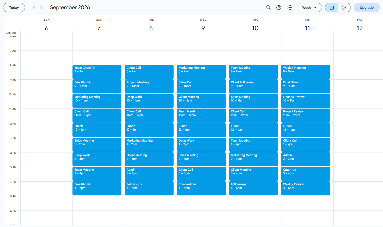 Weekly calendar before time blocking, with back-to-back tasks in a single color